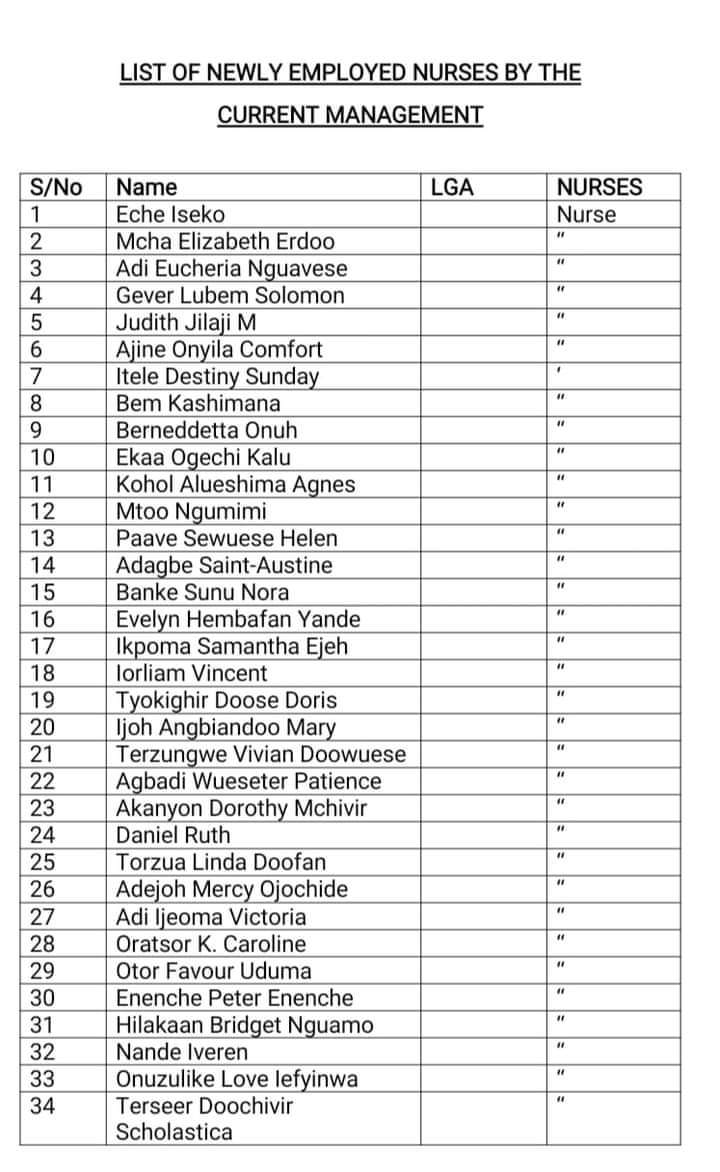 Names of all newly recruited health workers in Benue state Gov Alia Only Tiv People Are Intelligent in Benue State, Idoma and Igede People Are Dummies