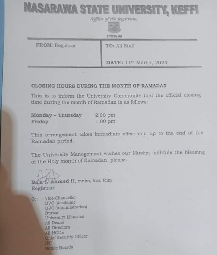 Nasarawa State University Adjusts Closing Hour Because of Ramadan