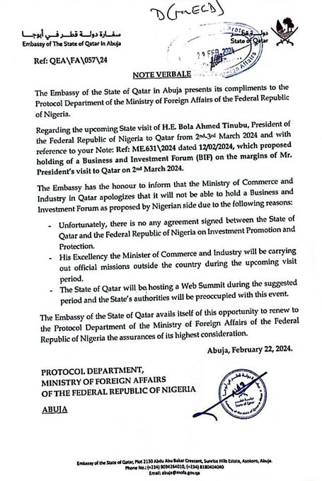 Nigeria Government Reacts to Qatari Refusal to Host Tinubu