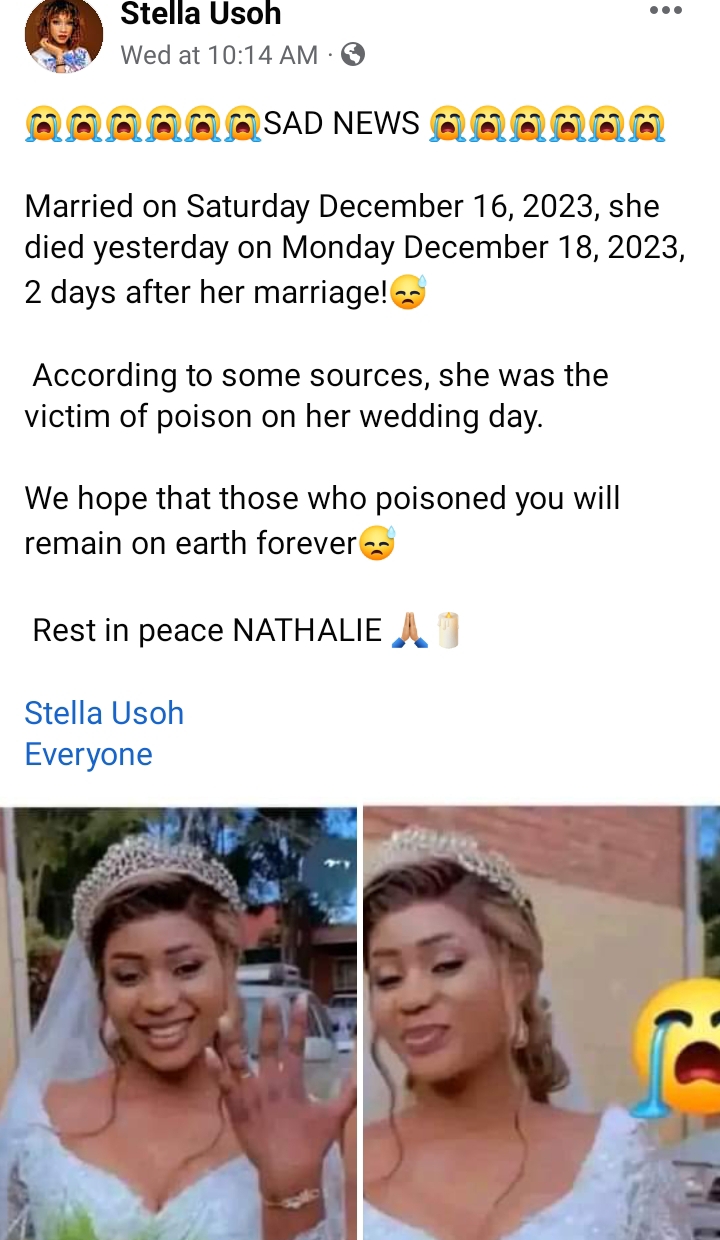 Lady Who Was Poisoned on Her Wedding Day, Dies Two Days After